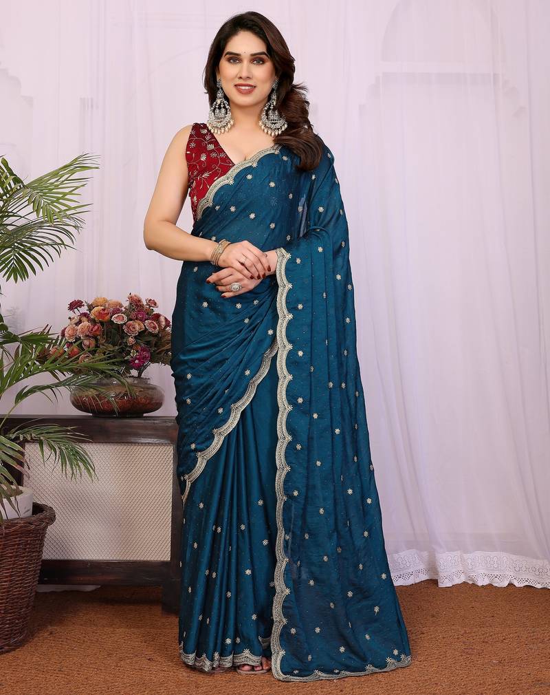 Teal soft silk crush saree with sequence embroidery work and contrast blouse piece