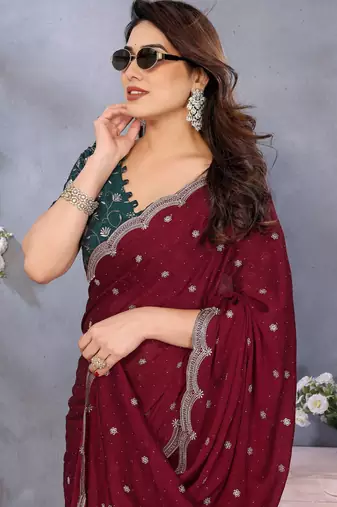 maroon soft silk crush saree with sequin embroidery