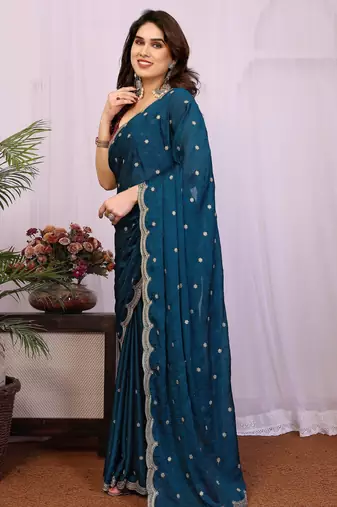 teal soft silk crush saree with sequin embroidery
