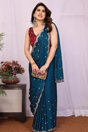 teal soft silk crush saree with sequin embroidery