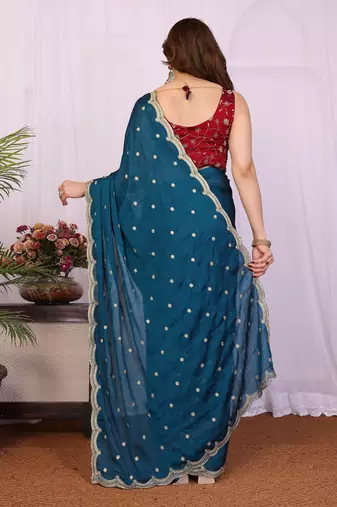 teal soft silk crush saree with sequin embroidery