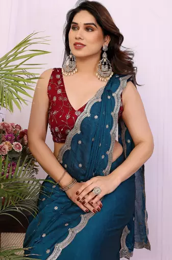 teal soft silk crush saree with sequin embroidery