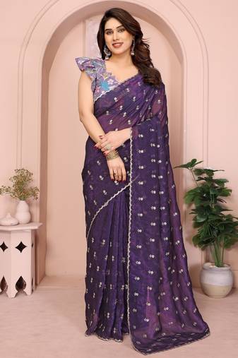 Purple crunchy crush silk saree with embroidery work and contrast printed blouse piece