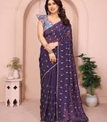 purple crunchy crush silk saree with embroidered detailing