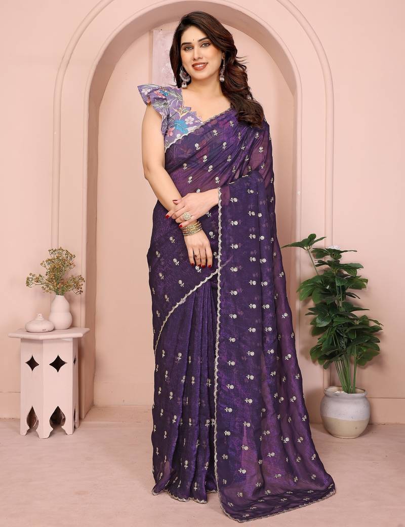 Purple crunchy crush silk saree with embroidery work and contrast printed blouse piece