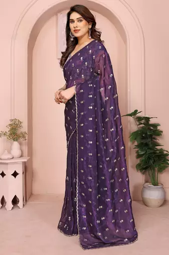 purple crunchy crush silk saree with embroidered detailing