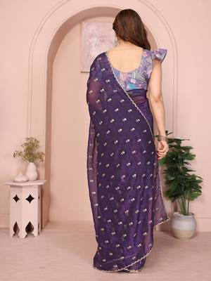 purple crunchy crush silk saree with embroidered detailing 4
