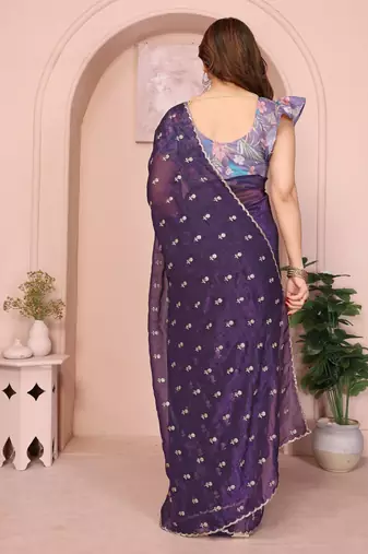 purple crunchy crush silk saree with embroidered detailing