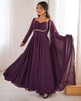 wine purple georgette anarkali dress with dupatta 1