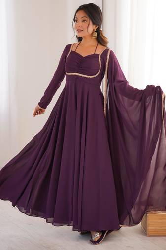 Wine Heavy Blooming Georgette Anarkali Gown with Dupatta