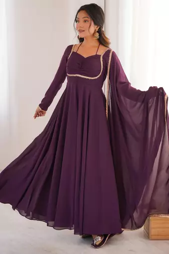 Wine Heavy Blooming Georgette Anarkali Gown with Dupatta