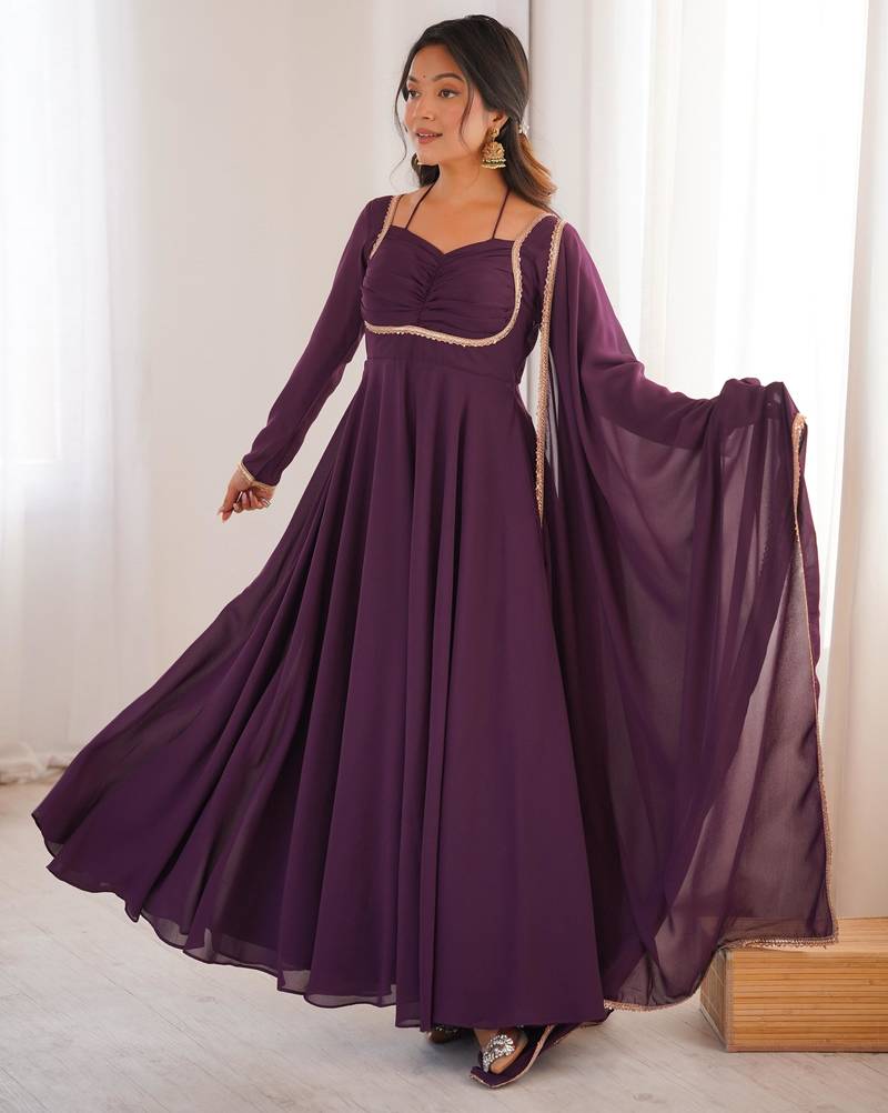 Wine Heavy Blooming Georgette Anarkali Gown with Dupatta