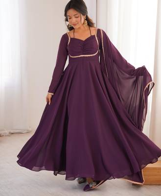 wine purple georgette anarkali dress with dupatta 2