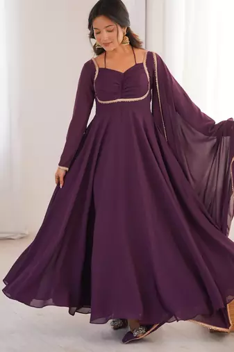 wine purple georgette anarkali dress with dupatta