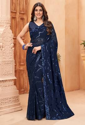 navy blue sequin work georgette saree with lace border 1