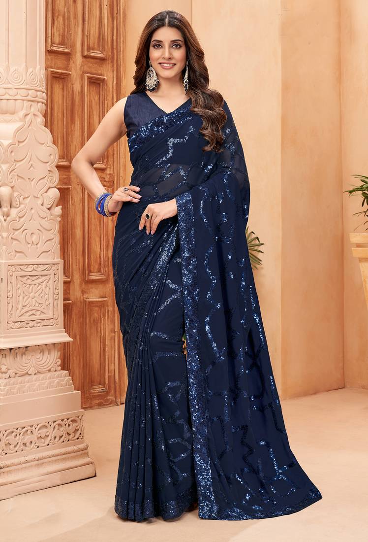 Heavy georgette double run sequence work saree with Blouse piece