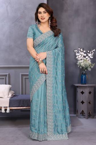 Sky blue vichitra silk saree with sequence embroidery work and matching blouse piece
