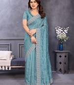 Sky blue vichitra silk saree with sequence embroidery work and matching blouse piece