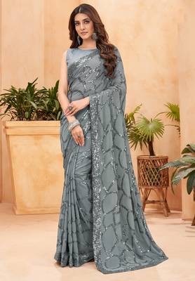 grey sequin work georgette saree with lace border 1