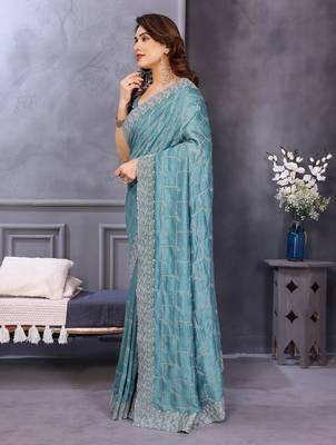 sky blue silk tissue saree with sequin embroidery 2