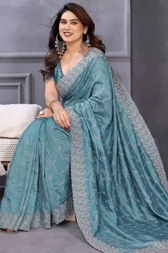 sky blue silk tissue saree with sequin embroidery