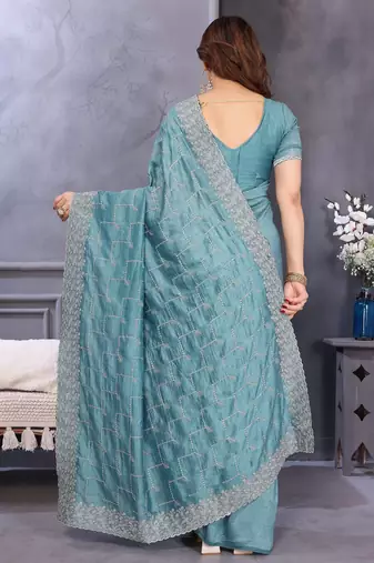 sky blue silk tissue saree with sequin embroidery