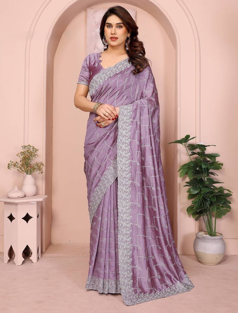 Lavender vichitra silk saree with sequence embroidery work and matching blouse piece