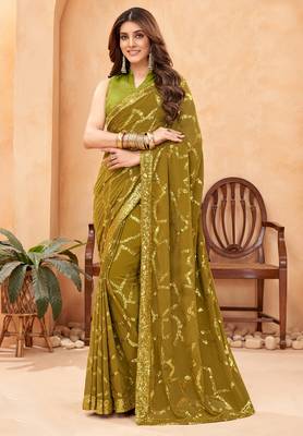 olive green sequin work georgette saree with lace border 1