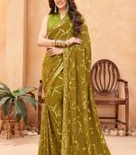 olive green sequin work georgette saree with lace border
