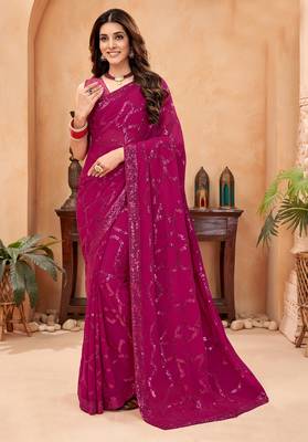 rani pink sequin work georgette saree with lace border 1