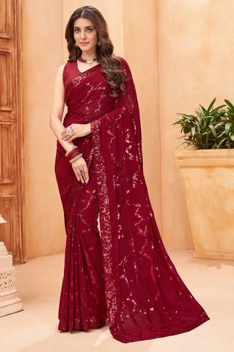 maroon sequin work georgette saree with lace border