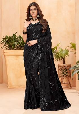 black sequin work georgette saree with lace border 1