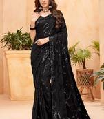 black sequin work georgette saree with lace border