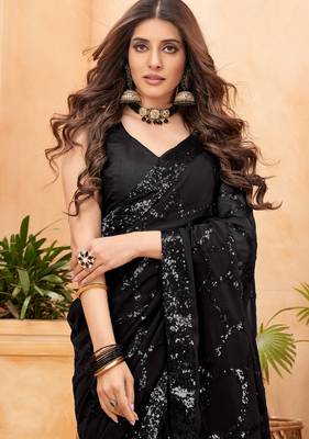 black sequin work georgette saree with lace border 2