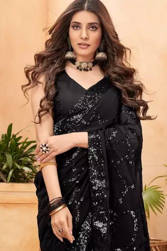 black sequin work georgette saree with lace border