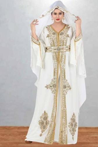 Elegant White & Gold Embroidered Kaftan Style Dress
