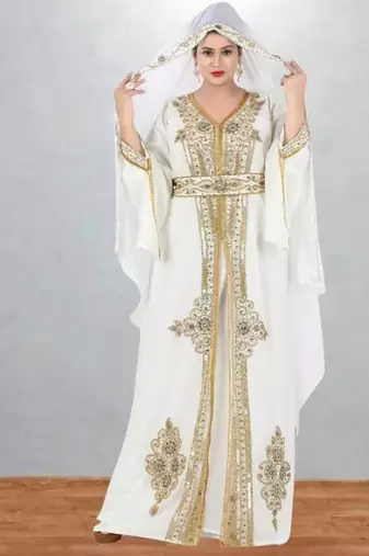 Elegant White & Gold Embroidered Kaftan Style Dress