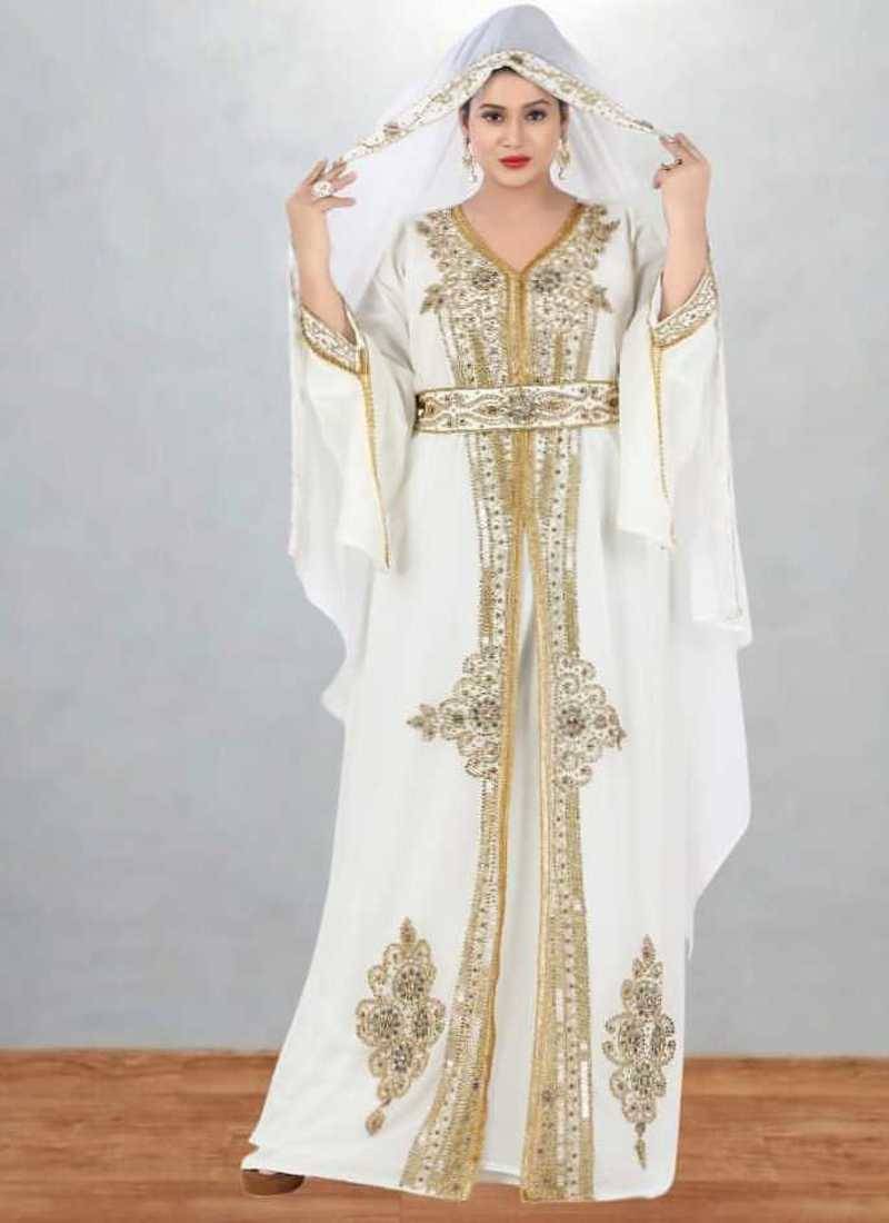 Elegant White & Gold Embroidered Kaftan Style Dress