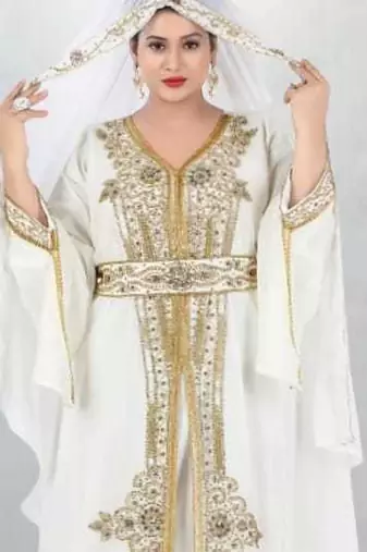 white gold embroidered kaftan style dress