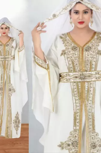 white gold embroidered kaftan style dress