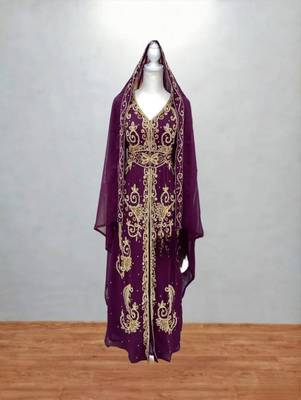 burgundy gold embroidered kaftan dress for festive wear 1