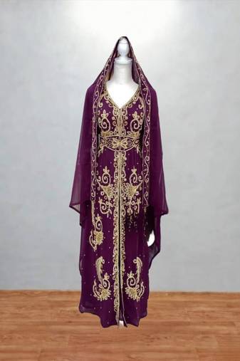 Burgundy & Gold Embroidered Kaftan Dress