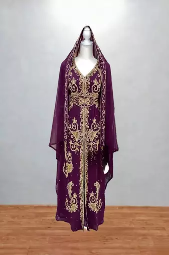 Burgundy & Gold Embroidered Kaftan Dress