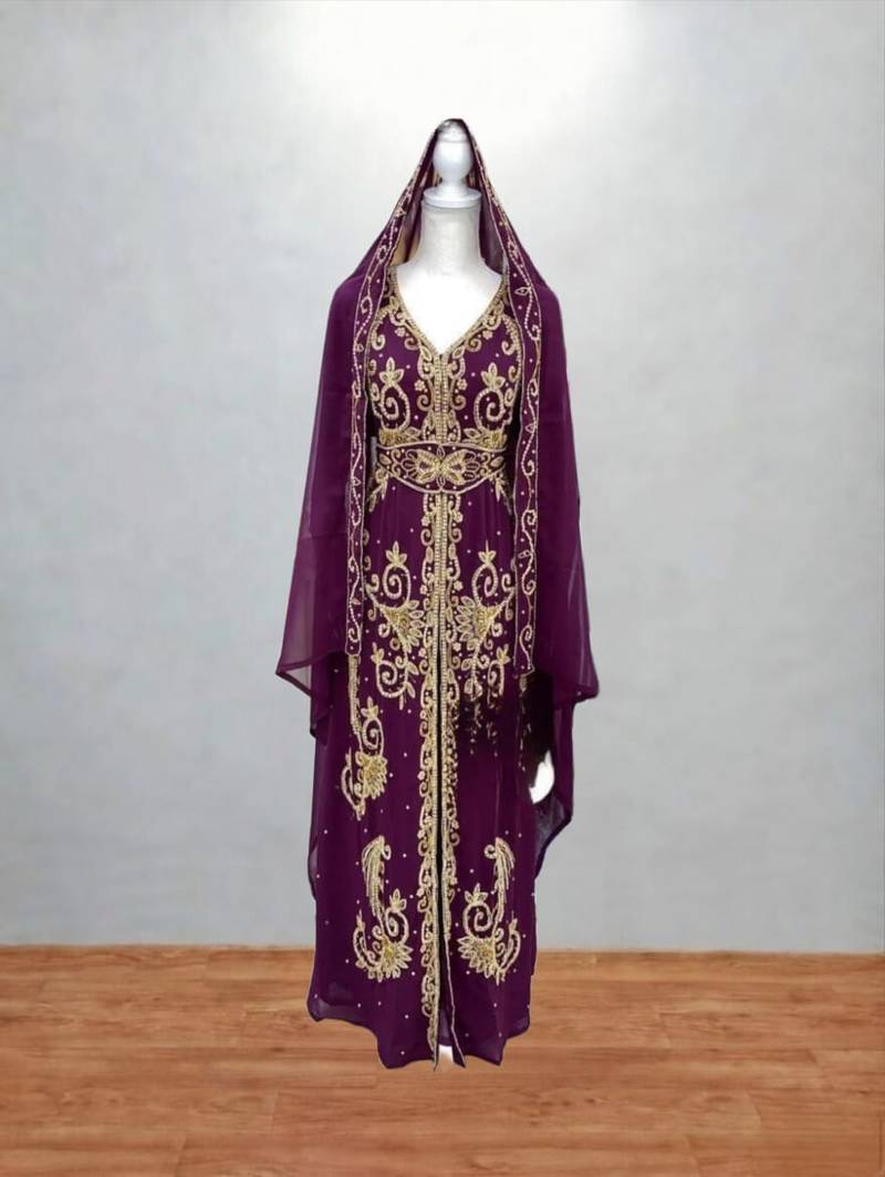 Burgundy & Gold Embroidered Kaftan Dress