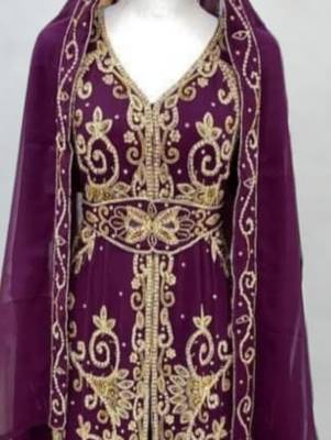 burgundy gold embroidered kaftan dress for festive wear 2