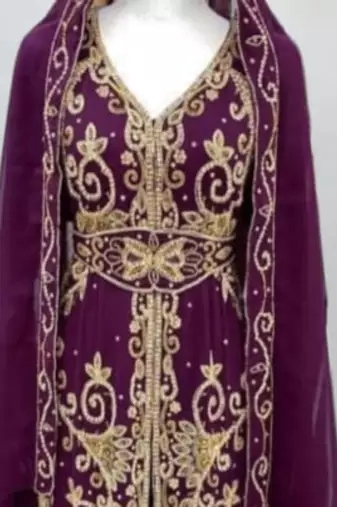 burgundy gold embroidered kaftan dress for festive wear