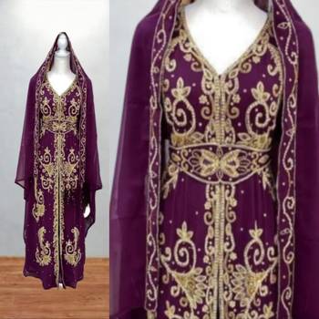burgundy gold embroidered kaftan dress for festive wear 3
