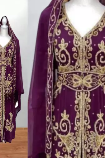 burgundy gold embroidered kaftan dress for festive wear