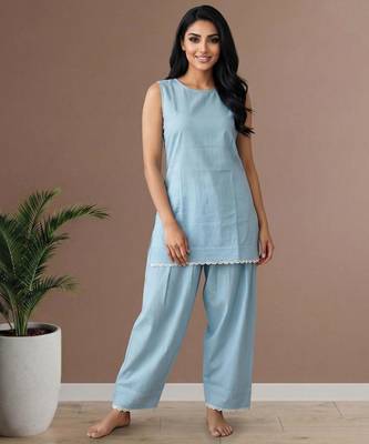 sky blue cotton kurta set with loose farshi salwar pants 1
