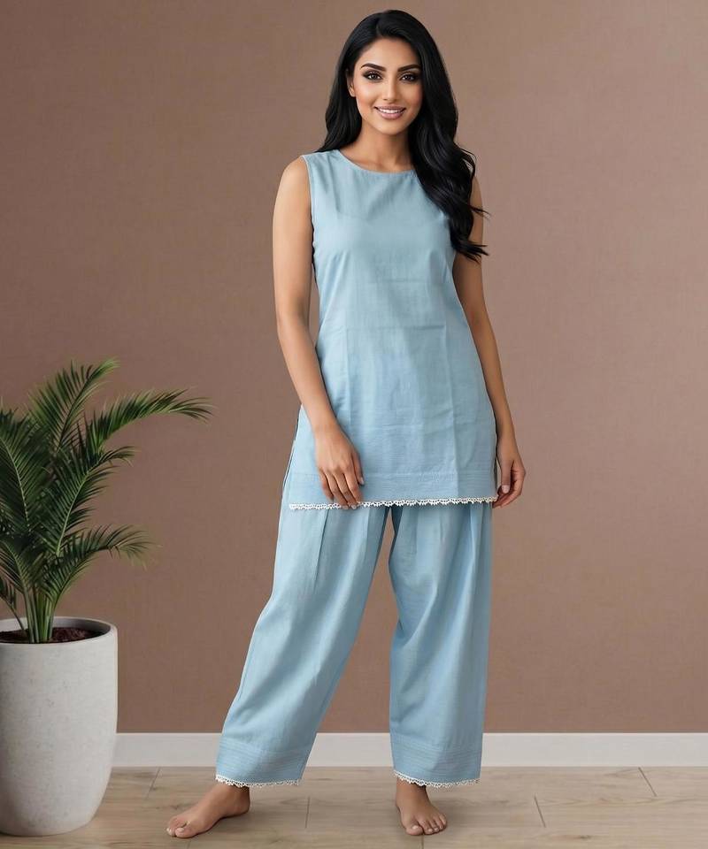 Sky slub cotton kurta with loose fit farshi salwar